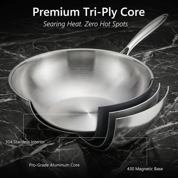 4.2 QT Tri-Ply Stainless Steel Wok Pan with Lid, 12" Flat Bottom Stir Fry Skillet for Asian Cuisine, Premium 18/10 Induction Cookware for 3-4 Servings, Oven Safe3