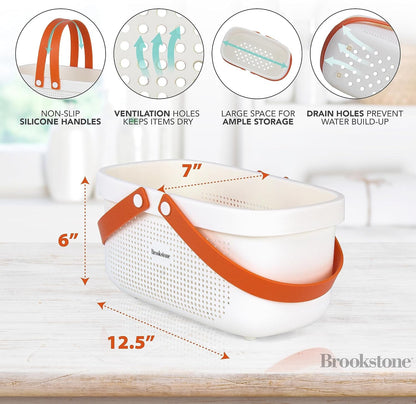 Brookstone Modern Large Portable Shower Caddy with Soft Silicone Carrying Handle, Bathroom Organizer Basket, Plastic Bath Tote and Shower Organizer, Quick Dry Drainage Holes, BPA Free, White4