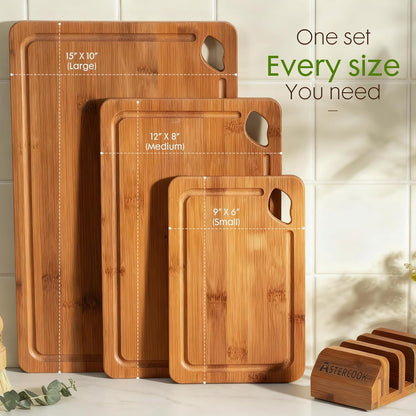 Deep-Carbonized Bamboo Cutting Boards for Kitchen with Wood Storage Stand, Reversible Charcuterie & Chopping Boards with Juice Grooves and Easy-Grip Handles, Fathers Day Gift for Men8