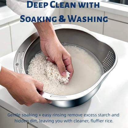 Rice Washer Strainer Bowl Stainless Steel Colander with Side Drainer | Ideal for Soaking, Washing, Cleaning, and Rinsing Rice, Fruits, Vegetables & Beans, Versatile Kitchen Tool2