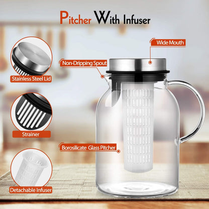 Glass Water Pitcher, Fruit Infuser Pitcher with Removable Lid, High Heat Resistance Infusion Carafe for Hot/Cold Water, Flavor-Infused Beverage & Iced Tea - 2 Qt2