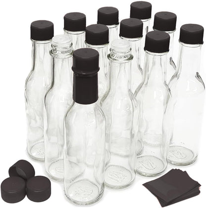 Hot Sauce Bottles with Shrink Bands, 5 Oz (Black Cap, 12 Pack)1