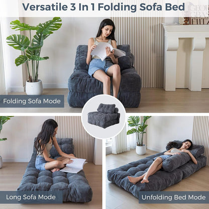 Folding Sofa Bed, Convertible Chair Bed with Pillow | Foldable Couch with Back Support, Portable Fold Out Chair Comfy Floor Sofa for Living Room Bedroom, Dark Grey, Single3