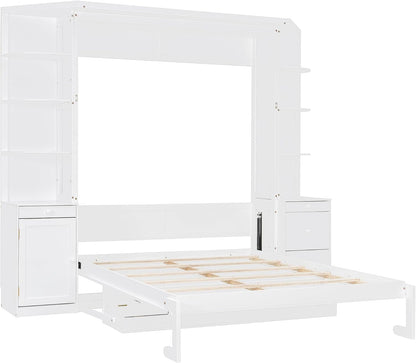 Queen Murphy Bed with Storage Shelves, Desk, and LED Lights,Wood Hidden Folding Farmhouse Murphy Wall Bed with Storage Cabinets Bookcase Drawers & Shelves for Adults, Space-Saving (Queen,White)9