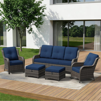 5 Piece Outdoor Wicker Patio Furniture Set, Patio Chairs Set with Thickened Olefin Cushions, High Back and Deep Seating, Hand-Woven PE Rattan, Ottoman for Porch, Deck1