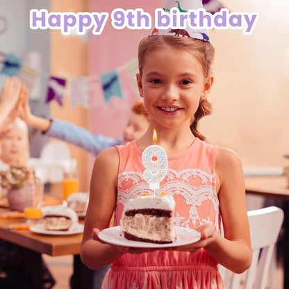 White Macaron Number 9 Birthday Candle with 12 Rainbow Spiral Candles5