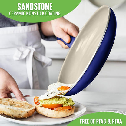 Sandstone Healthy Ceramic Nonstick, 15 Piece Kitchen Cookware Pots and Frying Sauce Pans Set, PFAS- Free, Dishwasher Safe, Blue2