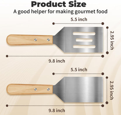 2PCS Stainless Steel Spatula,Wooden Handle Metal Spatula for Steak,Burgers2