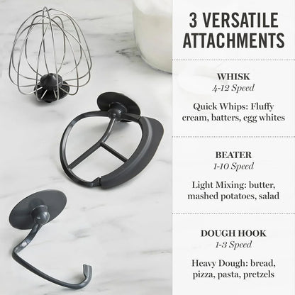 5.3QT Tilt Head Stand Mixer, 12 Speeds, Stainless Steel Bowl | Dough Hook, Stainless Whisk, Beater, Removable Splash Shield, Bread, Cake & Whipping, Electric Kitchen Mixer, Caviar Gray5