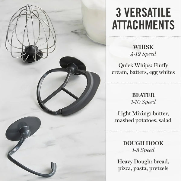 5.3QT Tilt Head Stand Mixer, 12 Speeds, Stainless Steel Bowl | Dough Hook, Stainless Whisk, Beater, Removable Splash Shield, Bread, Cake & Whipping, Electric Kitchen Mixer, Caviar Gray5