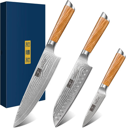 Damascus Kitchen Knife Set 3PCS, Sharp Chef/Santoku/Fruit Knives1