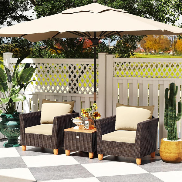 3 Piece Patio Furniture Set, Patiojoy Outdoor PE Wicker Bistro Set with Soft Cushions and Solid Acacia Wood, Outdoor Conversation Set with Porch, Balcony and Garden2