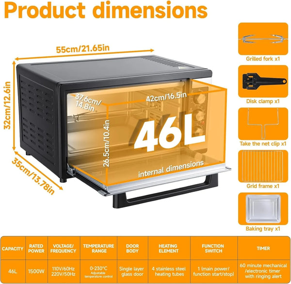 Extra-Large 46L Convection Oven 9-In-1 Countertop Toaster Oven with Baking Pan and Air Fry Rack, 8-Slice, 60-Min Timer, Bake Broil Toast, Keep Warm,Stainless Steel 46L2
