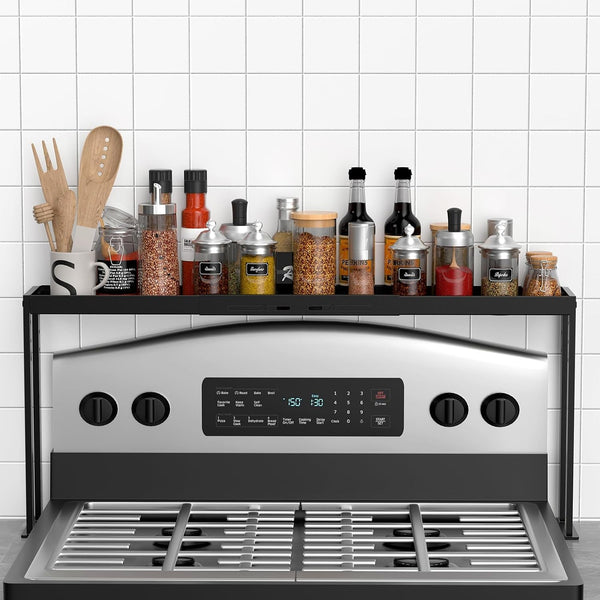 Stove Top Shelf, Kitchen over Shelf for Stove, Stove Spice Rack for Top, Adjustable 27-33Inch, Fits Various Stove Lengths, Kitchen Spice Organizer, Condiments and BBQ Sauces, Black1