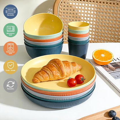 42Pcs Wheat Straw Dinnerware Sets, Unbreakable Plates and Bowls Sets, Eco Friendly Non Breakable Dinnerware, Dishwasher Microwave Safe Dinnerware3