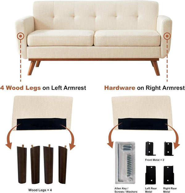 65.2" W Loveseat Sofa, Mid Century Modern Decor Love Seat Couches for Living Room, Button Tufted Upholstered Furniture, Easy to Install Small Couch for Bedroom Office Apartment, Beige9
