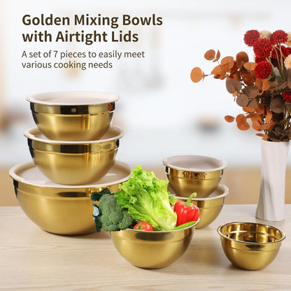 7 PCS Golden Mixing Bowls with Lids Set - Stainless Steel Salad Bowls with Airtight Lids, Mirror Finish Nested Mixing Bowl, 7 Sizes from 1.5 Qt to 6.9 Qt for Baking, Meal Prep, Food Serving2