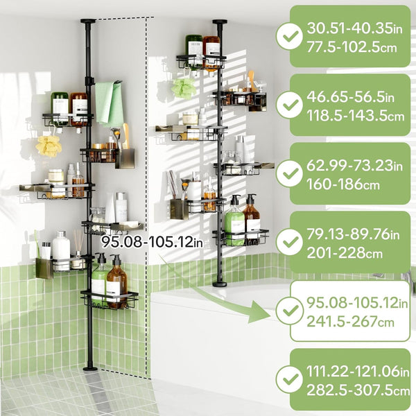 Shower Tension Rod Organizer, 6 Tier Rustproof Corner Shower Caddy Tension Pole with Soap Holder & Hooks, Adjustable 30-121 Inch Bathroom Shelf for Renters - Family Stand Storage Rack, Black7