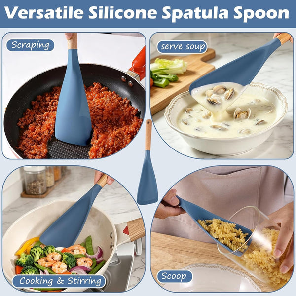 Cooking Spoon for Nonstick Cookwares, Multifunction Spatula Spoon, Great for Both Cooking and Serving, Wood Handle Spoon for Stirring, Mixing, Serving (2, BLUE)7