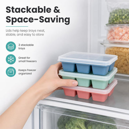 Mini Ice Cube Trays for Freezer, 3 Pack Small Ice Cube Trays with Lids, Easy-Release Flexible Bottom, Stackable Ice Cube Molds for Mini Fridge, Dorm, RV, Travel & Small Freezer3