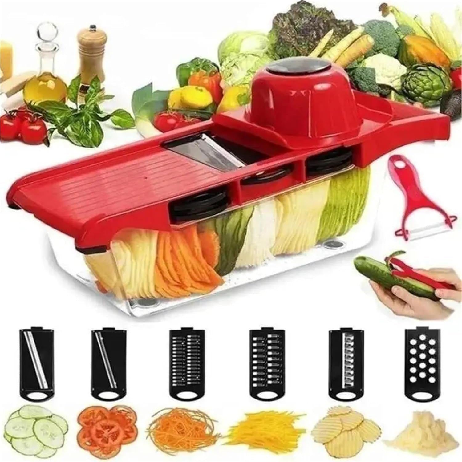 6-in-1-vegetable-slicer-and-cutter-with-steel-blade-potato-peeler-carrot-grater-dicer-kitchen-tool-set-red
