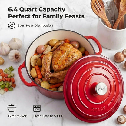 6.4QT Enameled Cast Iron Dutch Oven Pot with Lid, Heat Pad & Trivet, Heavy-Duty Soup Pot for Stews, Braising, Roasting & Sourdough Bread Baking, Oven Safe up to 500°F - Ablaze Red2