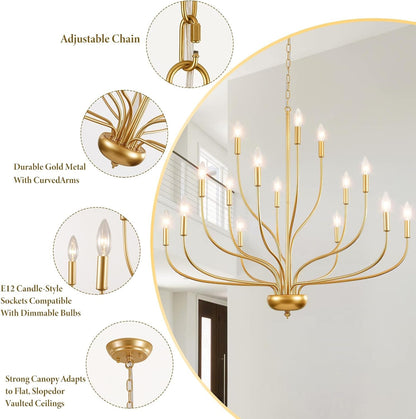 Brass Gold Chandelier, 15-Light Vintage Large Candle Style Chandelier Lighting, 37.4" Modern Farmhouse Dining Room Chandelier Light Fixture for Living Room Foyer Entryway High Ceiling Staircase4