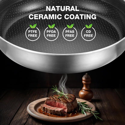 12Inch Frying Pan with Lid Ceramic Nonstick Stainless Steel Skillet | 5-Ply Stainless Steel;Ceramic Nonstick for Metal Utensils;Oven Safe 500°F;PFAS PFOA Free;Cool-Touch Handle;All Stovetops4