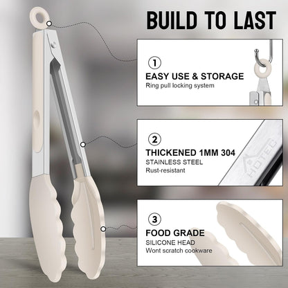 Premium Stainless Steel Locking Kitchen Tongs with Silicon Tips, Set of 2-9" and 12",Khaki4