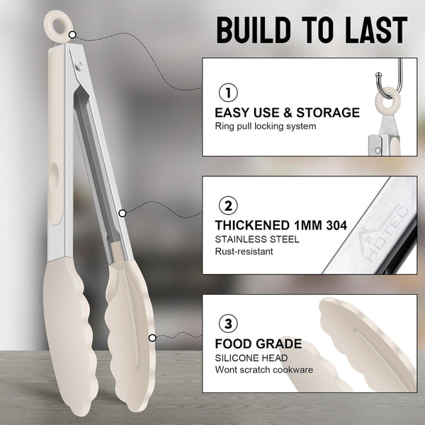 Premium Stainless Steel Locking Kitchen Tongs with Silicon Tips, Set of 2-9" and 12",Khaki4