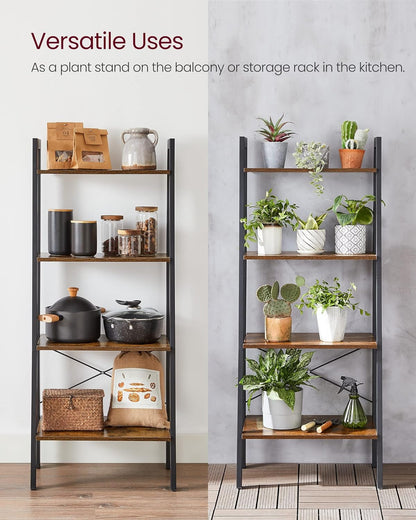 VASAGLE Ladder Shelf, 4-Tier Bookshelf, Storage Rack, Steel Frame | Bookcase, Living Room, Home Office, Kitchen, Bedroom, Rustic Brown and Matte Black, BARNET Collection ULLS44X8
