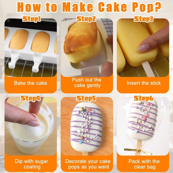 2 Pack Cake Pop Mold Silicone, 8 Cavity Reusable Cakesicle Molds | with 100 Sticks & Parcel Bags for Baking, Lollipops, Ice Cream, DIY Desserts, Cake Pop Maker Kit Easy Release4