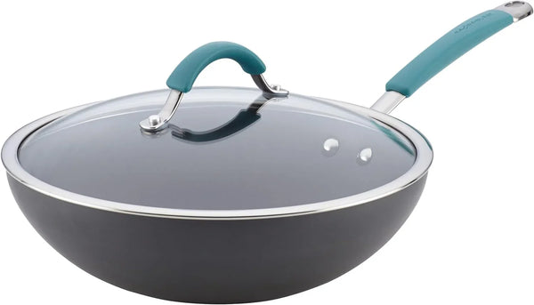 Cucina Hard-Anodized Nonstick Covered Stir Fry Pan, 11-Inch, Gray, Agave Blue Handles1