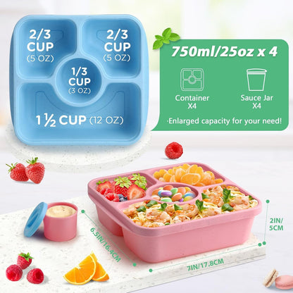 Bento Snack Box Containers for Adults Kids, 4 Pack Lunchable Meal Prep Containers Reusable, Stackable Bento Lunch Box, Food Storage Prep Containers with Lids and 4 Sauce Cups, Pastel Color, Clear Lid2