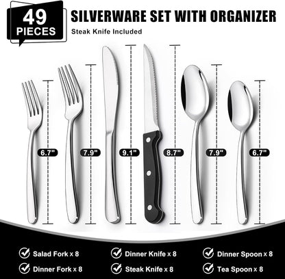 49-Piece Silverware Set with Organizer, Heavy Duty Stainless Steel Flatware Set for 8, Cutlery Utensil Sets with Steak Knives, Rust-Proof, Mirror Polished, Dishwasher Safe, Heavy Duty2