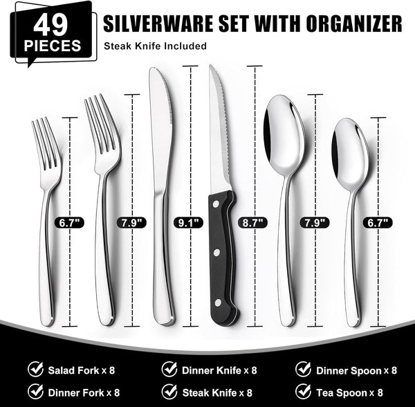 49-Piece Silverware Set with Organizer, Heavy Duty Stainless Steel Flatware Set for 8, Cutlery Utensil Sets with Steak Knives, Rust-Proof, Mirror Polished, Dishwasher Safe, Heavy Duty2