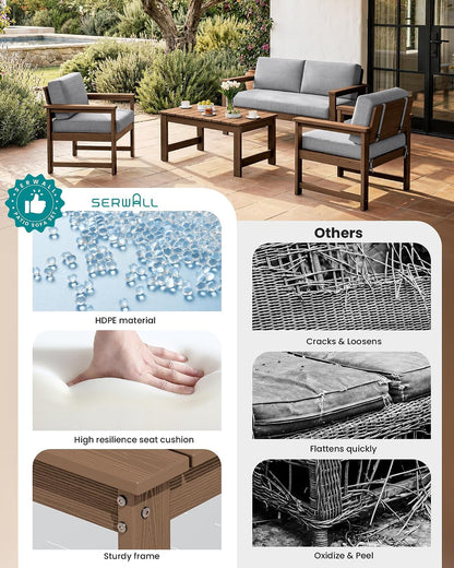4 Pieces HDPE Outdoor Conversation Sofa Set with Cushions8