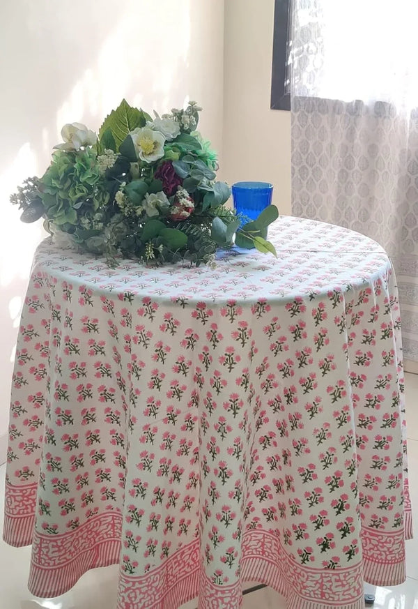 Cotton Blockprint round Tablecloth, Gulbahar Pink, 72 Inches4