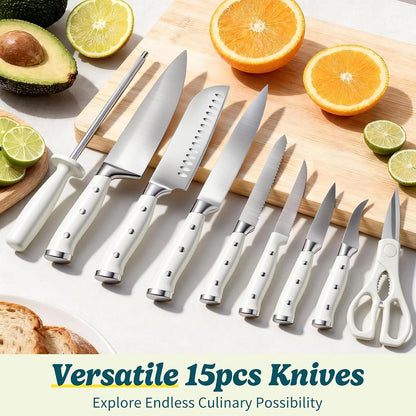 Knife Set, 15 Piece Premium Chef High Carbon Stainless Steel Kitchen Knife Block Set, Razor-Sharp, Ergonomic Forged Triple Rivet Handle, Professional Knife Set for Kitchen, Dishwasher Safe(White)6