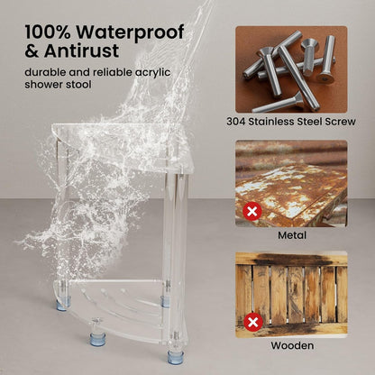 Acrylic Corner Shower Stool for inside Shower, Clear Small Shower Bench for Shaving Legs Seating Waterproof Heavy Duty Assemble Modern (Clear, 11.81" D X 11.81" W X 18.11" H)4