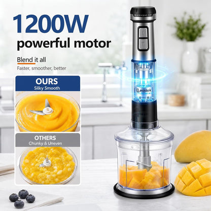 Immersion Hand Blender Set, 1200W 20-Speed Stainless Steel Stick Blender with 7 Accessories, 500Ml & 200Ml Chopper Cups, Milk Frother, Egg Beater, for Smoothies, Soups Kitchen Essential5