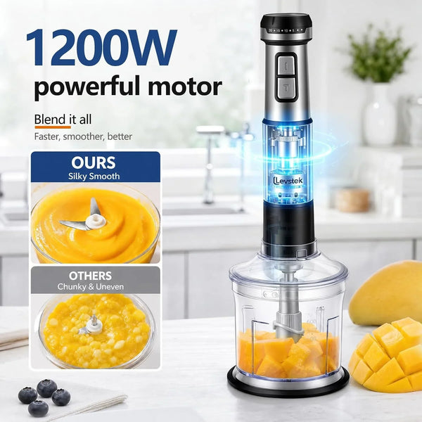 Immersion Hand Blender Set, 1200W 20-Speed Stainless Steel Stick Blender with 7 Accessories, 500Ml & 200Ml Chopper Cups, Milk Frother, Egg Beater, for Smoothies, Soups Kitchen Essential5