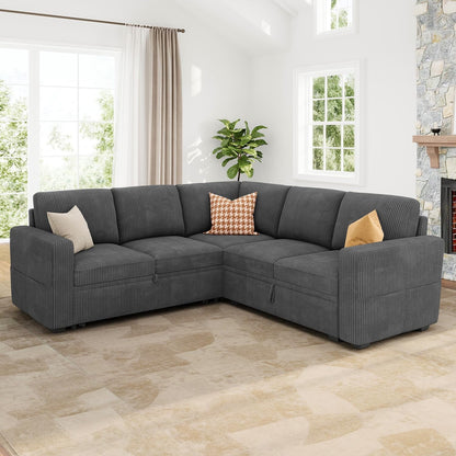 Modular Sectional Sleeper Sofa with Pull Out Bed, Corduroy L Shaped Couch with Storage Seats, Convertible Sectional Couches for Living Room, Dark Grey8