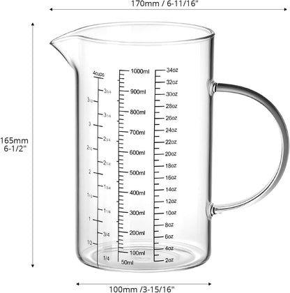 34OZ/1000ML Glass Measuring Cup (Ml/Oz/Cup), 4 Cups Multi-Purpose Kitchen Tool with V-Shaped Spout & Handle6
