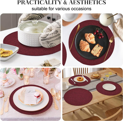 Round Placemats Set of 6, 15 Inch Linen Fabric Table Placemats, Heat Resistant, Wrinkle Free Washable Placemats Kitchen Place Mats Set of 6 for Dining Table Party Table (Wine Red, 6)5