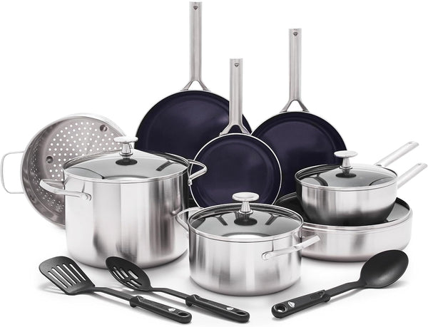 15 Piece Stainless Steel Tri-Ply Cookware Pots and Pans Set, Induction Compatible, Diamond Infused Pfas-Free Ceramic Nonstick, Dishwasher & Metal Utensil Safe, Scratch Resistant, Silver1