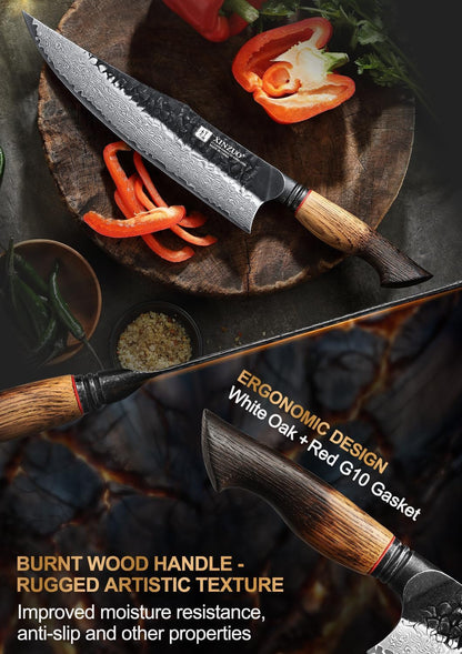 10 Inch Professional Chef Knife,67 Layers 10Cr15Comov High Carbon Damascus Steel Knife for Kitchen,Very Sharp，White Oak + Red G10 Gasket Handle5