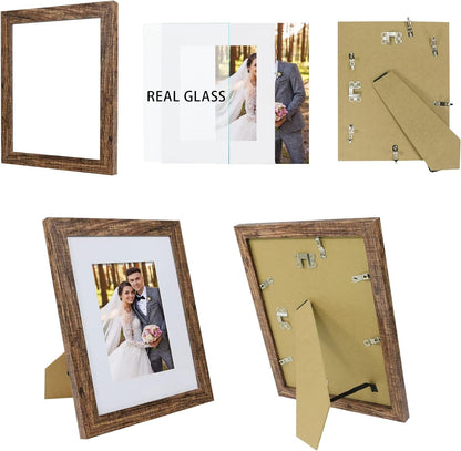 8X10 Picture Frame Set of 4, Made of Real Glass and Rustic Brown Wooden Frame, 8 by 10 Photo for Wall or Tabletop - Display Picture 5X7 with Mat or 8X10 without Mat2