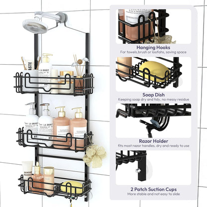 Shower Caddy Hanging Organizer - 3-Tier Rustproof Shower Organizer over Showerhead with Adjustable Baskets, 24 Hooks, Soap & Razor Holder - No Drill Large Bathroom Storage Rack, Black4
