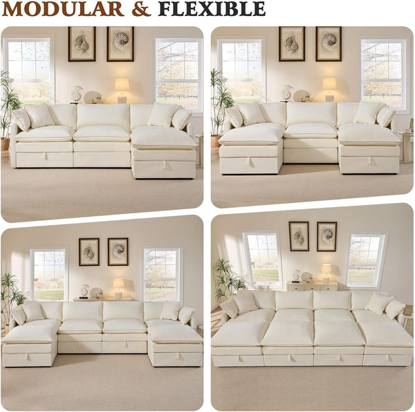 103" Modular Sectional Sofa with Storage, L Shaped Cloud Couch with Movable Ottomans & 4 Pillows, Chenille Deep Seat Sectional Couches for Living Room, Apartment (Beige)8
